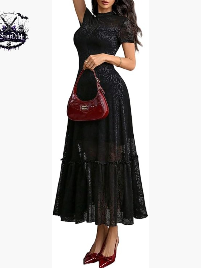 Vintage Lace Midi Dress, Floral Gothic Cocktail, High Waist, Double Layer